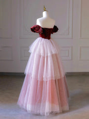 Long Gown, Burgundy Velvet and Layers Tulle Long Prom Dress, Off the Shoulder A-Line Evening Party Dress