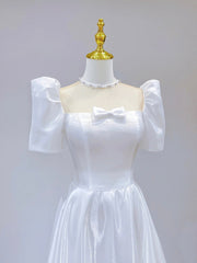 Party Dress Sparkle, White Satin Short Sleeve Floor Length Prom Dress, White A-Line Party Dress