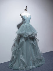 Prom Dress Under 221, Dusty Green Spaghetti Strap Ruffled Floor-length Formal Dress, Cute Tulle Lace Evening Party Dress