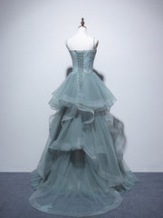 Prom Dresses 2041, Dusty Green Spaghetti Strap Ruffled Floor-length Formal Dress, Cute Tulle Lace Evening Party Dress