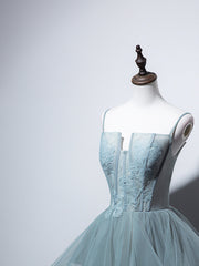 Prom Dresses Ideas, Dusty Green Spaghetti Strap Ruffled Floor-length Formal Dress, Cute Tulle Lace Evening Party Dress