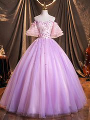 Short Prom Dress, Purple Tulle Sequins Long Prom Dress, A-Line Off the Shoulder Evening Party Dress