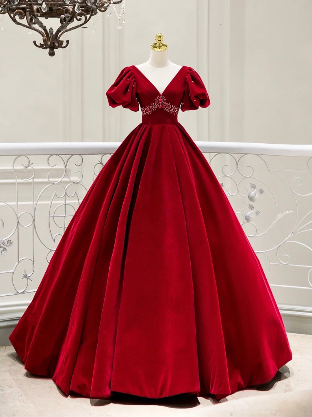 Evening Dresses Fitted, Burgundy Velvet V-Neck Long Formal Dress, A-Line Short Sleeve Evening Party Dress
