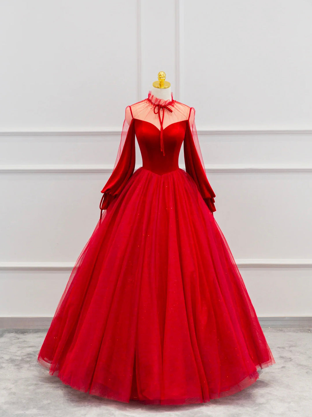 Party Dress Ladies, Red Velvet Tulle Floor Length Prom Dress, Beautiful Long Sleeve Evening Party Dress