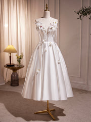 Party Dress Set, White Spaghetti Strap Satin Short Prom Dress, White V-Neck Evening Party Dress