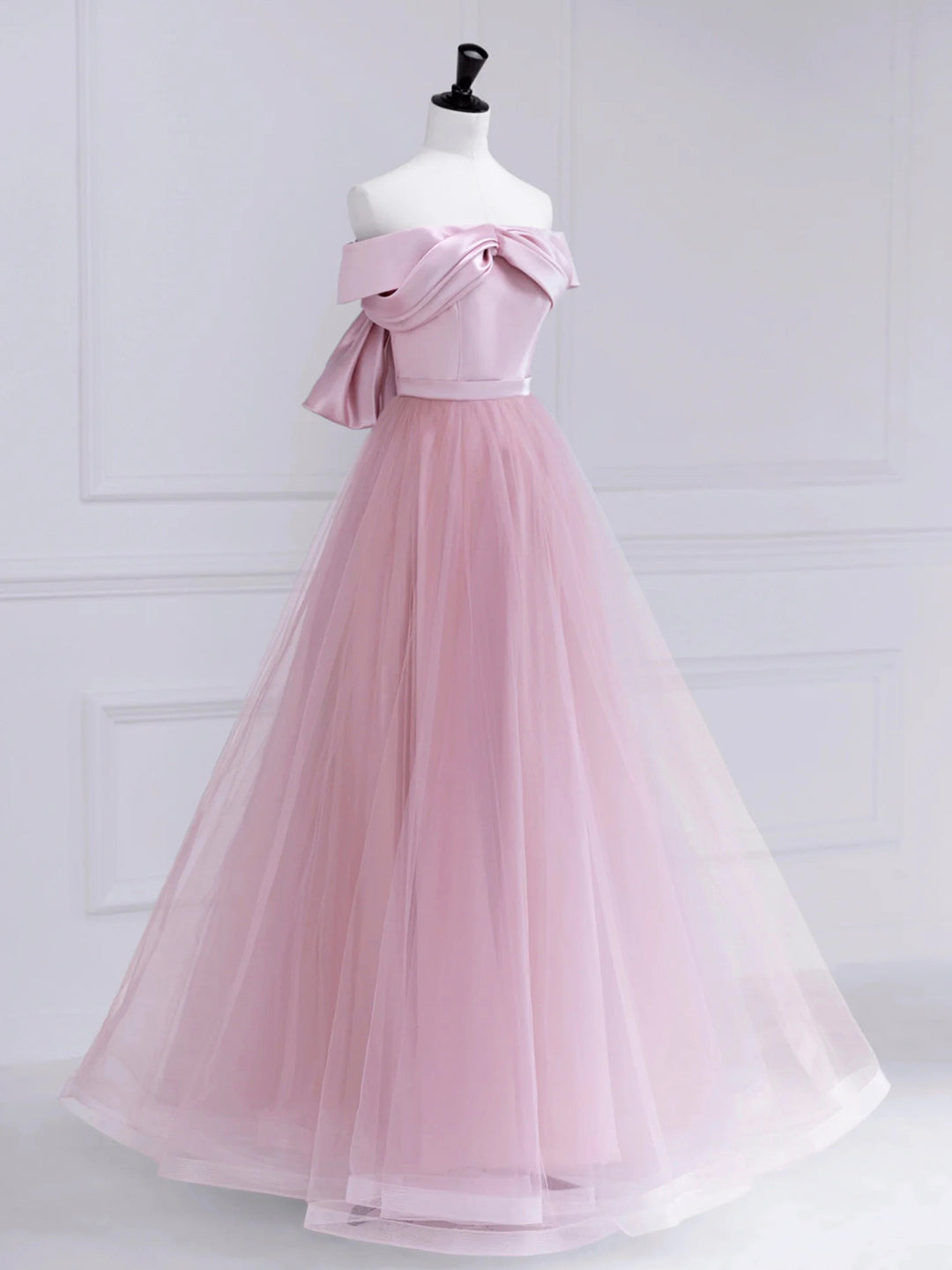 Bridesmaid Dresses Shop, Pink Satin Tulle Long Prom Dress, Pink Off Shoulder Evening Dress