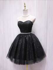 Bridesmaid Dresses Shop, Black Strapless Tulle Knee Length Prom Dress, Black A-Line Sweetheart Party Dress