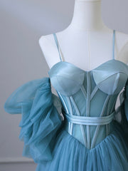 Prom Dresses With Slit, Fairy Blue Spaghetti Straps Corset Tulle Prom Dress, Detachable off Shoulder Party Dress