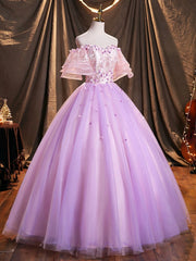 Autumn Wedding, Purple Tulle Sequins Long Prom Dress, A-Line Off the Shoulder Evening Party Dress