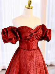 Formal Dress Wedding, Burgundy Satin Polka Dot Tulle Prom Dress, Lovely Floor Length Short Sleeve Evening Dress