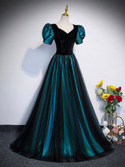 Party Dress Satin, Unique Black Velvet and Tulle Long Prom Dress, A-Line Short Sleeve Evening Party Dress
