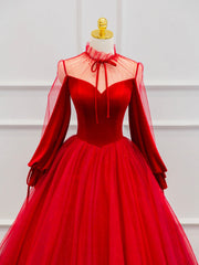 Party Dress For Teen, Red Velvet Tulle Floor Length Prom Dress, Beautiful Long Sleeve Evening Party Dress