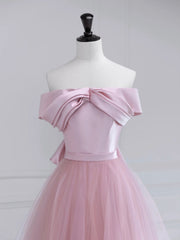 Bridesmaid Dresses Shops, Pink Satin Tulle Long Prom Dress, Pink Off Shoulder Evening Dress