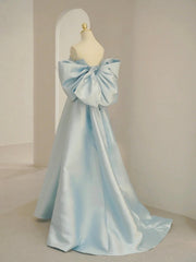 Homecoming Dresses Red, Charming Blue Satin Long Prom Dress with Big Bow, A-Line Sweetheart Neck Formal Dress