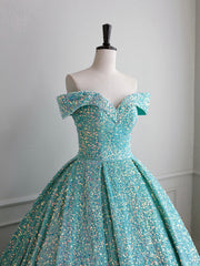 Party Dresses Fall, Sparkly Sequin Off the Shoulder Prom Dress, A-line Floor Length Evening Dress