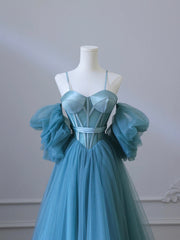 Prom Dress With Slits, Fairy Blue Spaghetti Straps Corset Tulle Prom Dress, Detachable off Shoulder Party Dress