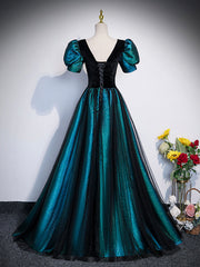 Party Dress India, Unique Black Velvet and Tulle Long Prom Dress, A-Line Short Sleeve Evening Party Dress