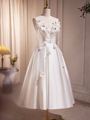 Party Dress Boho, White Spaghetti Strap Satin Short Prom Dress, White V-Neck Evening Party Dress