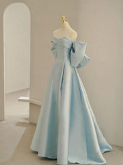 Homecoming Dress Classy, Charming Blue Satin Long Prom Dress with Big Bow, A-Line Sweetheart Neck Formal Dress