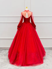 Party Dress For Teens, Red Velvet Tulle Floor Length Prom Dress, Beautiful Long Sleeve Evening Party Dress