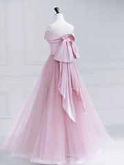 Bridesmaid Dress Shopping, Pink Satin Tulle Long Prom Dress, Pink Off Shoulder Evening Dress