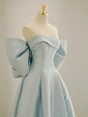 Homecoming Dresses Classy, Charming Blue Satin Long Prom Dress with Big Bow, A-Line Sweetheart Neck Formal Dress