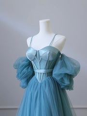 Prom Dress With Slit, Fairy Blue Spaghetti Straps Corset Tulle Prom Dress, Detachable off Shoulder Party Dress