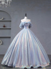 Party Dress For Over 70, Blue Tulle Sequins Long Formal Dress, Off the Shoulder Princess Dress Sweet 16 Dress
