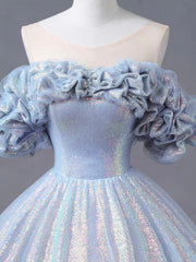 Party Dress Over 70, Blue Tulle Sequins Long Formal Dress, Off the Shoulder Princess Dress Sweet 16 Dress