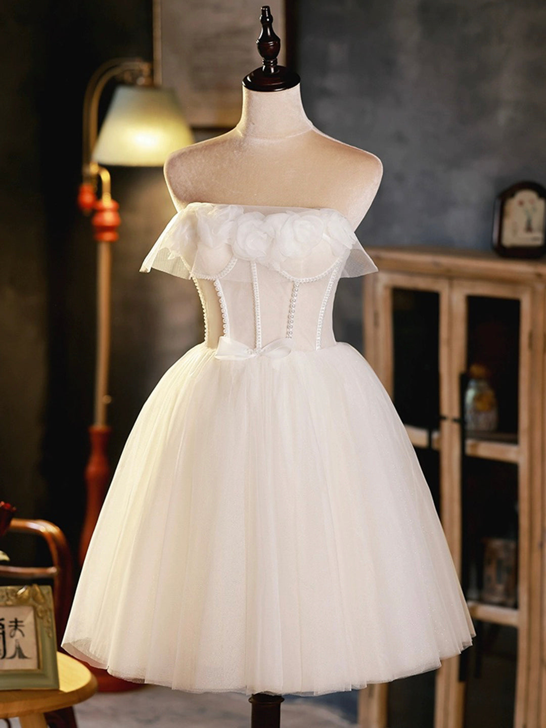 Graduation Dress, Light Champagne Strapless Tulle Short Prom Dress, Beautiful A-Line Evening Party Dress