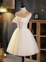 Green Prom Dress, Light Champagne Strapless Tulle Short Prom Dress, Beautiful A-Line Evening Party Dress