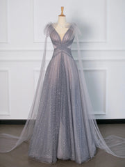 Prom Dresses Backless, Gray Tulle V-Neck Floor Length Prom Dress, A-Line Backless Evening Party Dress