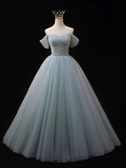 Prom Dresses Elegant, Dusty Blue Tulle Beaded Long Prom Dress, Off the Shoulder A-Line Evening Party Dress