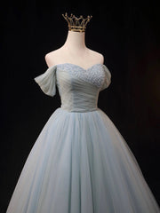 Prom Dresses Styles, Dusty Blue Tulle Beaded Long Prom Dress, Off the Shoulder A-Line Evening Party Dress