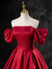 Formal Dresses Outfit Ideas, Burgundy Satin Off the Shoulder Formal Dress, A-Line Burgundy Evening Dress