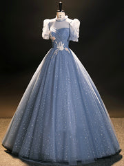 Party Dresses Sleeves, Blue Tulle Long A-Line Prom Dress, Beautiful Short Sleeve Evening Party Dress