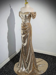 Prom Dress Boho, Gold  Sequins Floor Length Prom Dress, Mermaid Off the Shoulder Evening Party Dress