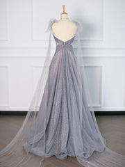 Prom Dress 2039, Gray Tulle V-Neck Floor Length Prom Dress, A-Line Backless Evening Party Dress