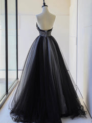 Bridesmaid Dresses Satin, Black Strapless Tulle Lace Long Prom Dress, Black A-Line Sweetheart Neck Evening Party Dress