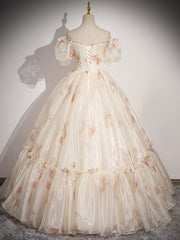 Evening Dresses Sale, Champagne Floral Tulle Long Prom Dress, Beautiful Short Sleeve A-Line Evening Party Dress