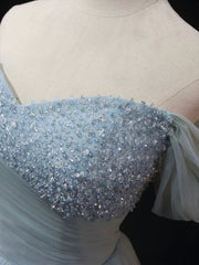 Prom Dresses On Sale, Dusty Blue Tulle Beaded Long Prom Dress, Off the Shoulder A-Line Evening Party Dress