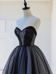 Bridesmaid Dress Satin, Black Strapless Tulle Lace Long Prom Dress, Black A-Line Sweetheart Neck Evening Party Dress