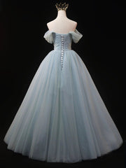 Prom Dress 2043, Dusty Blue Tulle Beaded Long Prom Dress, Off the Shoulder A-Line Evening Party Dress