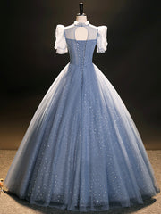 Party Dress Sleeve, Blue Tulle Long A-Line Prom Dress, Beautiful Short Sleeve Evening Party Dress