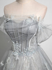 Prom Dresses For 31 Year Olds, A-Line Off the Shoulder Sparkly Prom Dress, Gray Tulle Corset Floor Length Evening Dress