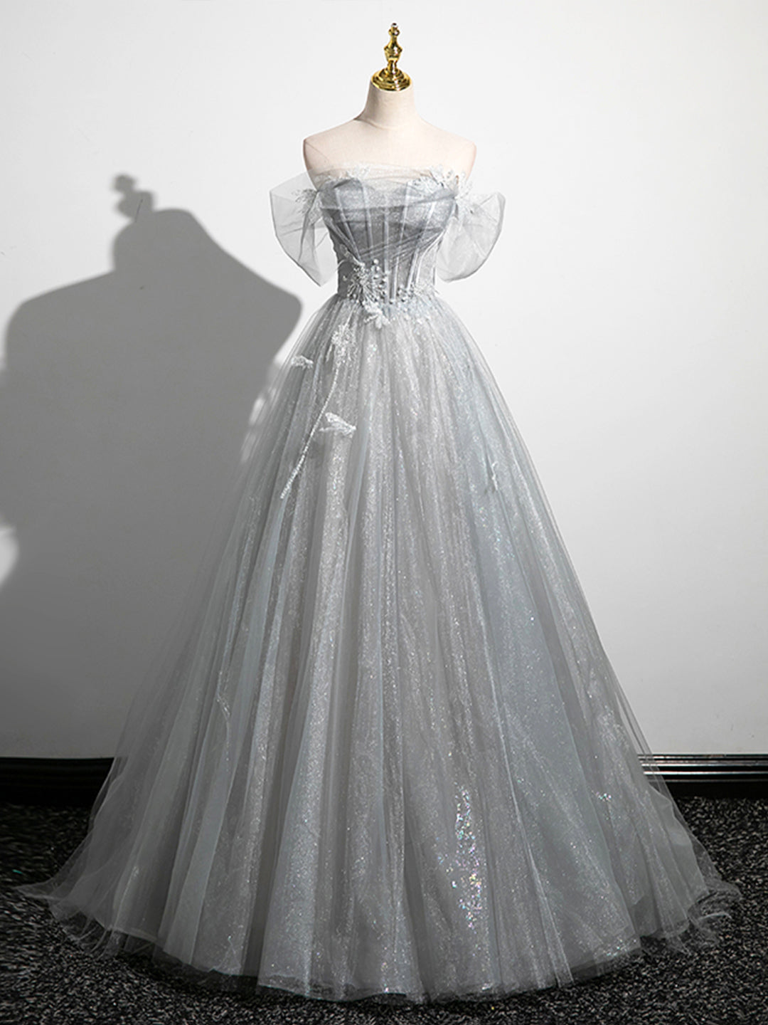 Prom Dresses Light Blue Long, A-Line Off the Shoulder Sparkly Prom Dress, Gray Tulle Corset Floor Length Evening Dress