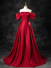 Formal Dress Outfit Ideas, Burgundy Satin Off the Shoulder Formal Dress, A-Line Burgundy Evening Dress