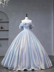 Go Out Outfit, Blue Tulle Sequins Long Formal Dress, Off the Shoulder Princess Dress Sweet 16 Dress