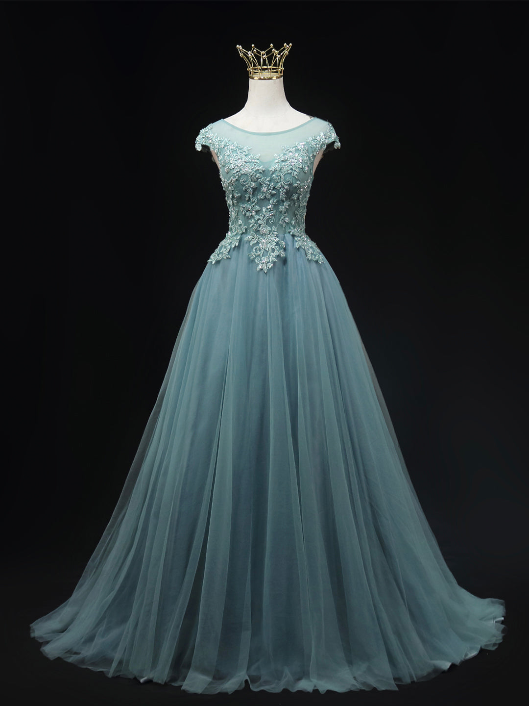 Party Dress Outfit, Blue Scoop Neckline Tulle Lace Long Prom Dress, Beautiful Lace Formal Evening Dress