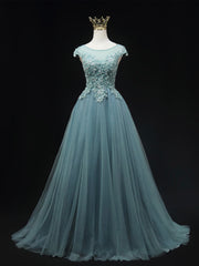 Party Dress Outfit, Blue Scoop Neckline Tulle Lace Long Prom Dress, Beautiful Lace Formal Evening Dress